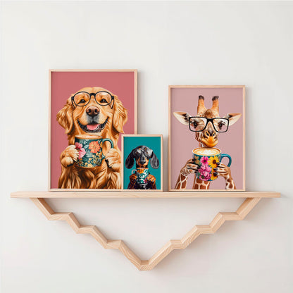a couple of pictures of a dog and a giraffe on a shelf