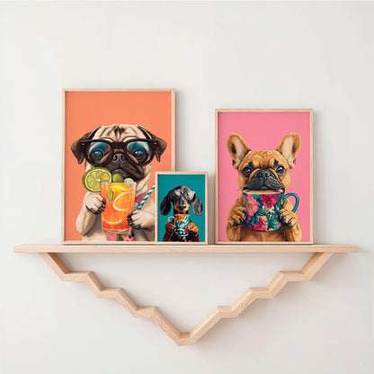 a shelf with three pictures of dogs on it