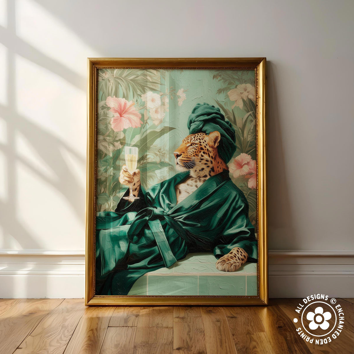 A framed painting depicting a leopard wearing a green robe and holding a glass of champagne, set against a tropical floral background.