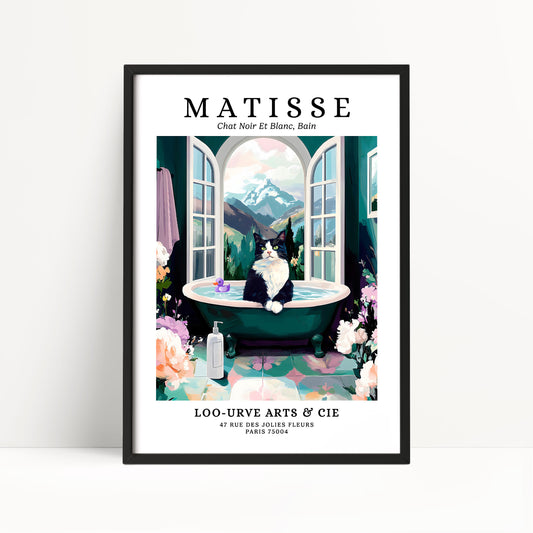 The image is a framed poster featuring an illustration of a cat sitting in a bathtub, surrounded by flowers and a scenic mountain view.