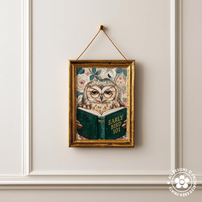 Funny Owl Reading Book Art – Quirky Bird Lover Wall Decor