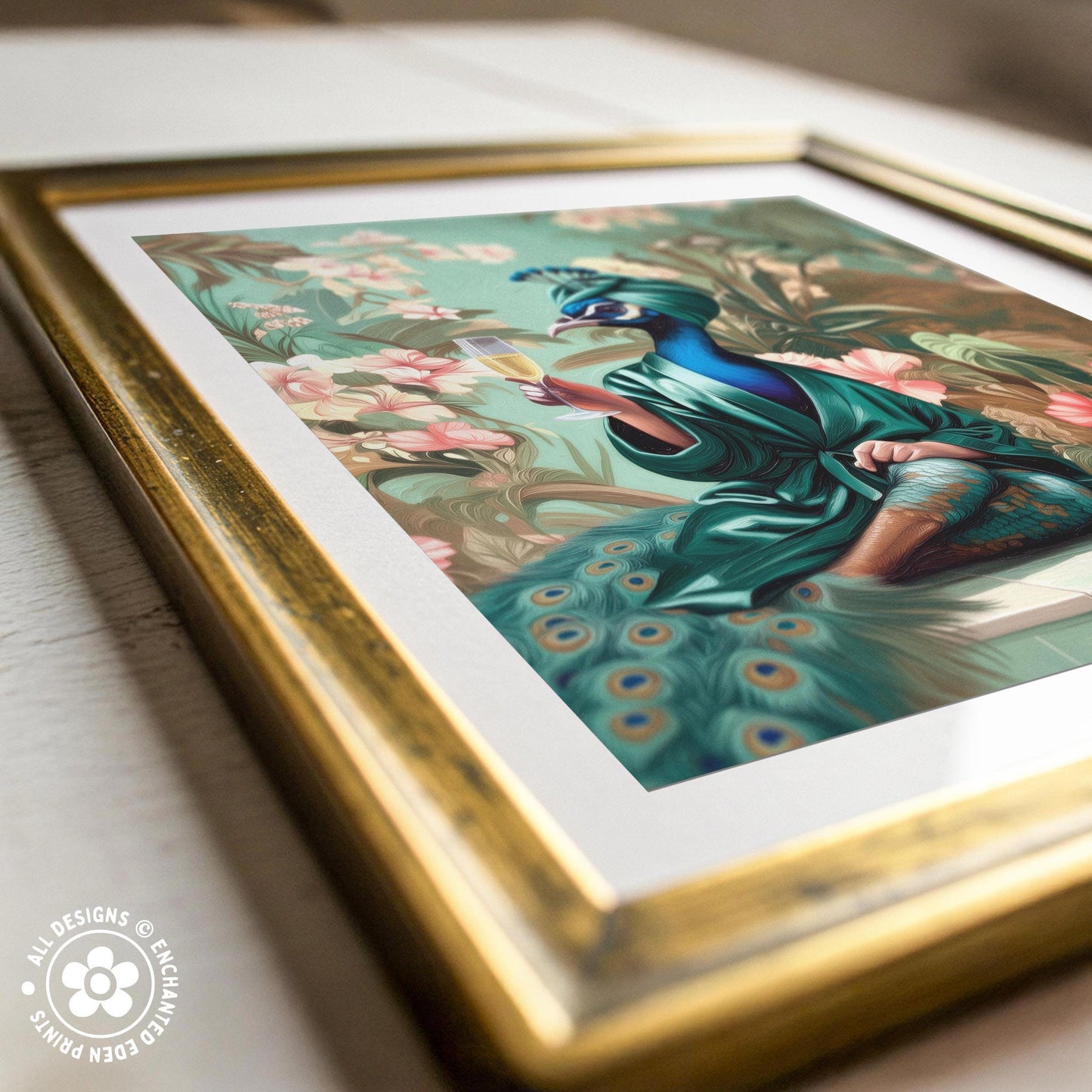 The image is a framed painting depicting a woman in a green dress sitting on a bench, holding a cup of tea, surrounded by a floral background.