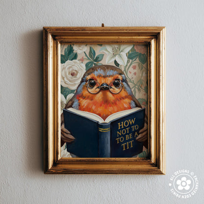 Funny Robin Reading Book Art – Quirky Bird Lover Wall Decor