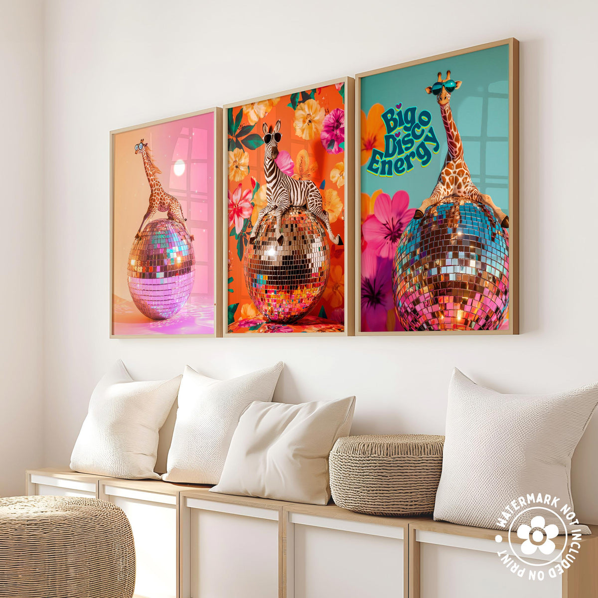 a set of three paintings of giraffes on a wall