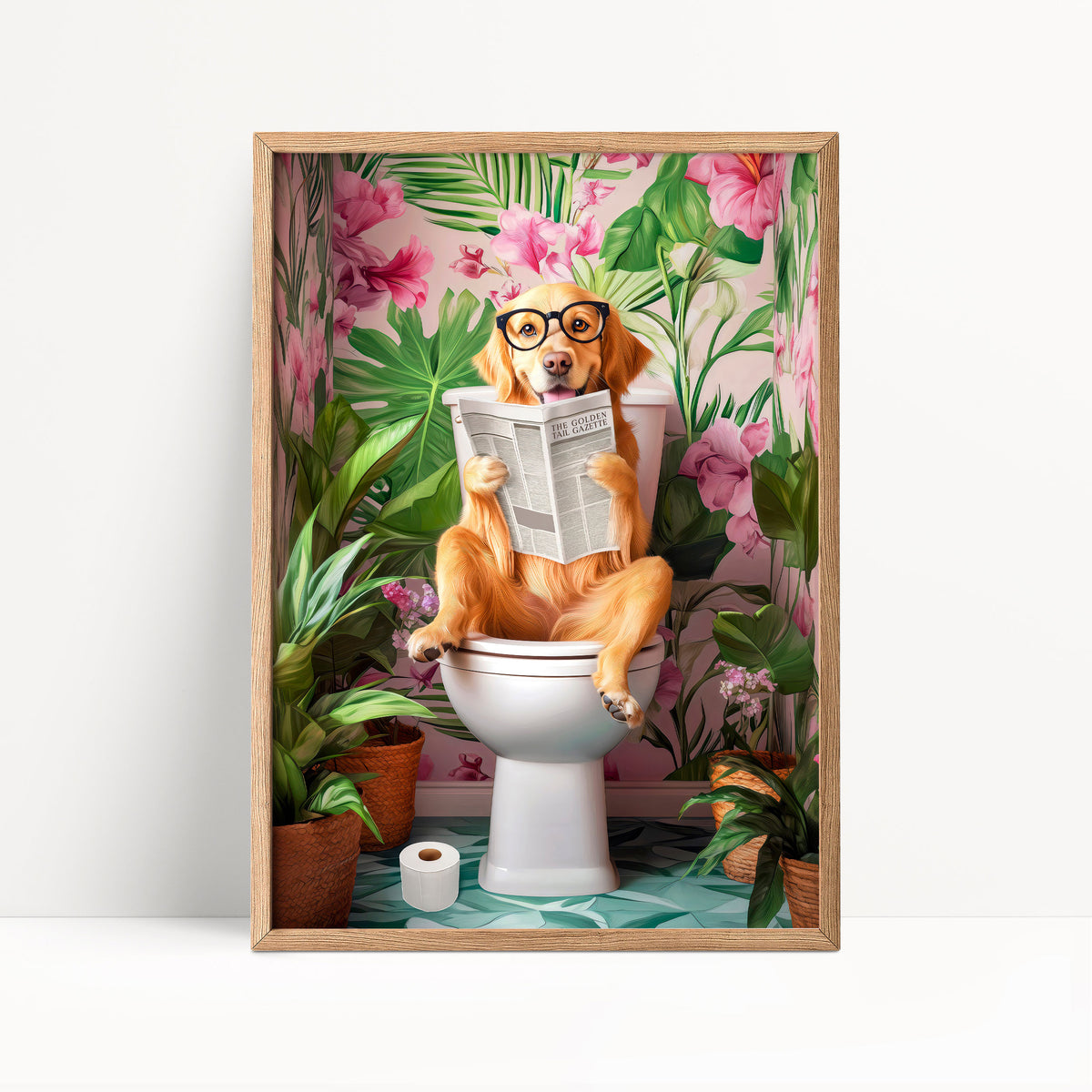 A golden retriever dog wearing glasses and reading a newspaper while sitting on a toilet in a bathroom with tropical plants and flowers.