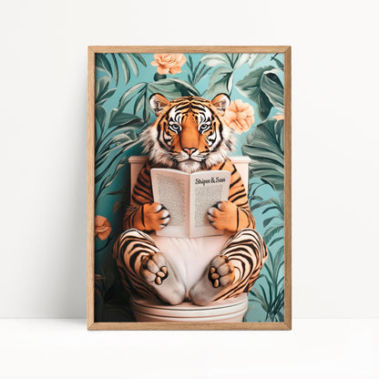 A tiger sitting on a toilet and reading a book, with a tropical background.