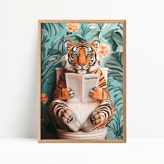 A tiger sitting on a toilet and reading a book, with a tropical background.