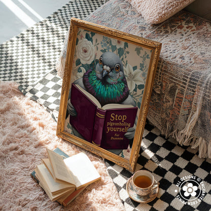 Funny Pigeon Reading Book Art – Quirky Bird Lover Wall Decor