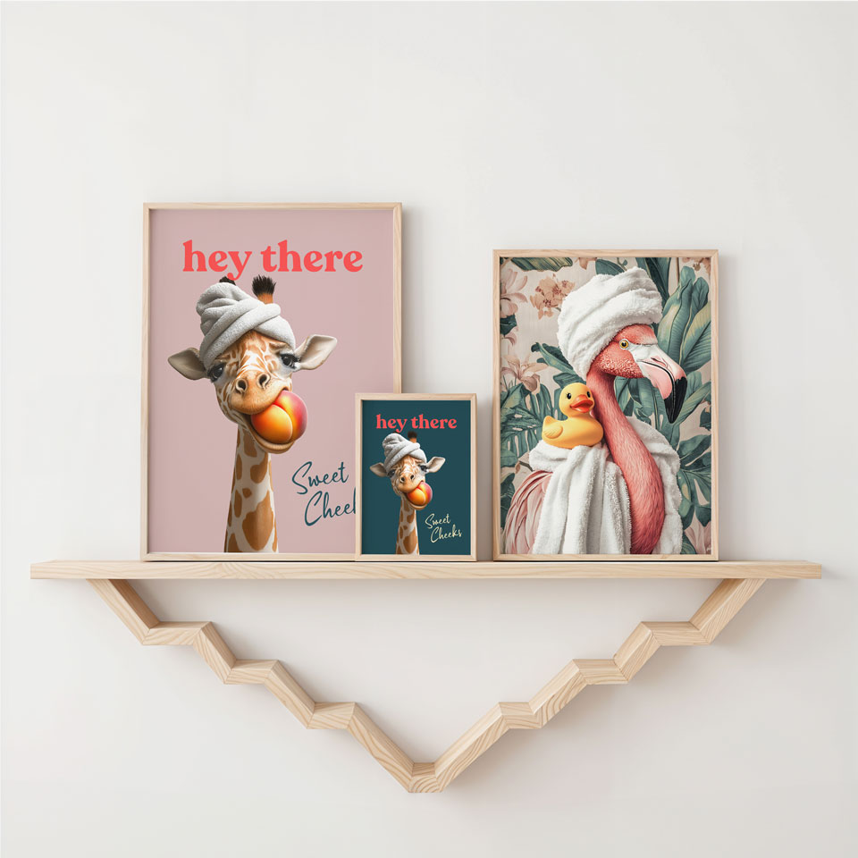 a shelf with two books and a giraffe on it