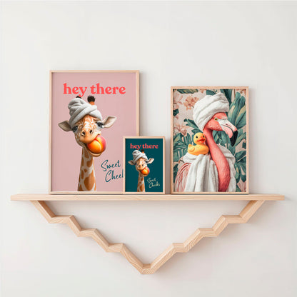a shelf with two books and a giraffe on it