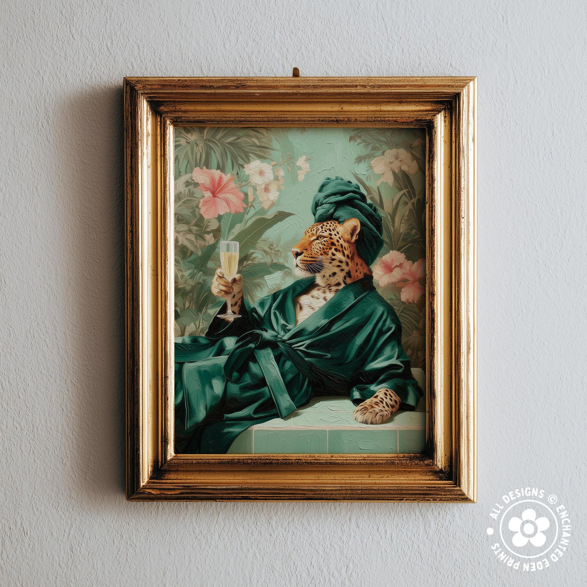 A framed painting depicting a leopard wearing a green robe and holding a glass of champagne, surrounded by tropical foliage.