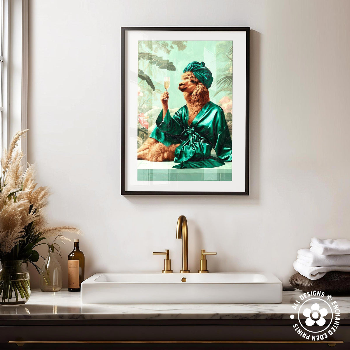 a framed painting of a dog wearing a green robe and turban, sitting on a bathtub, with a gold faucet above the sink.
