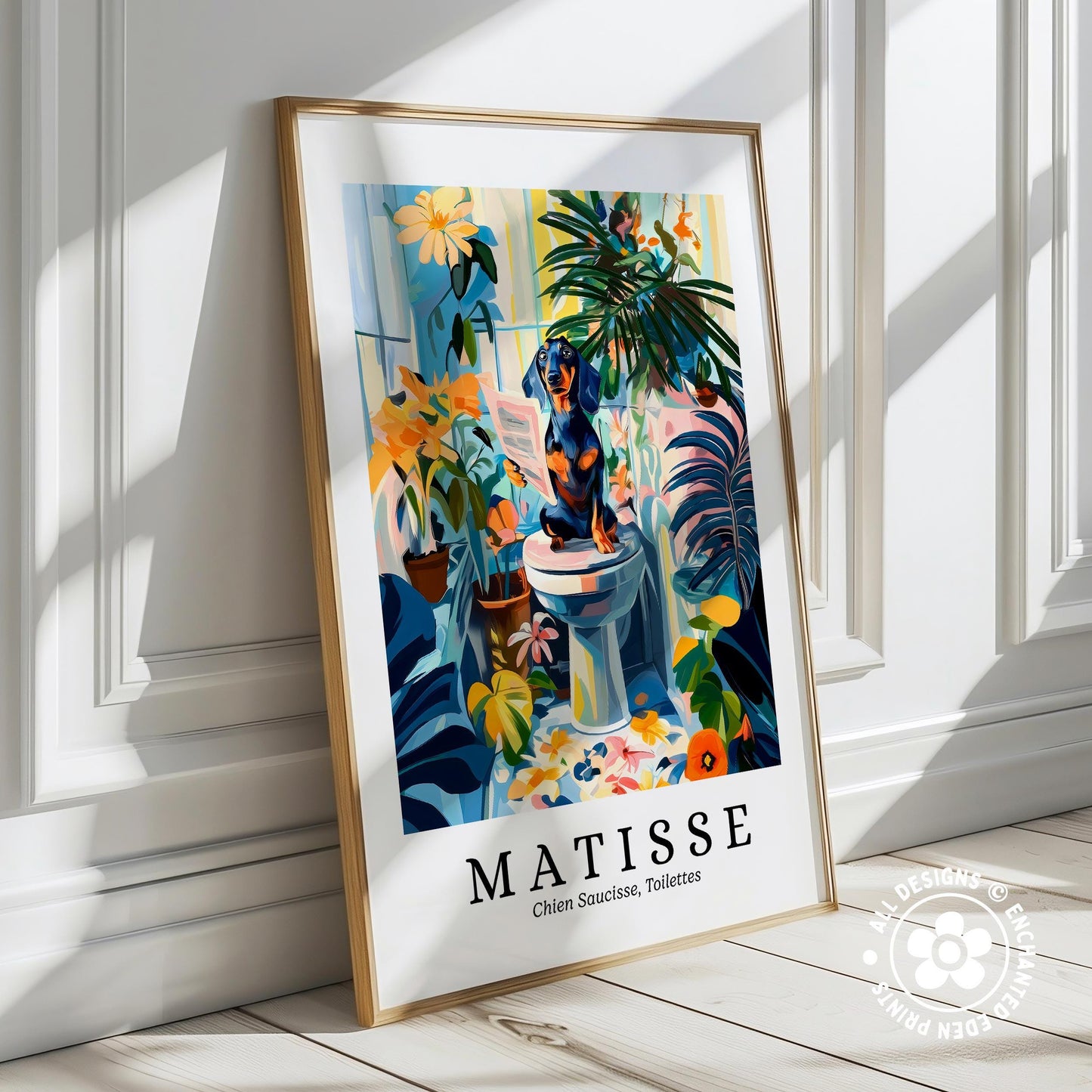 A framed poster of a colorful painting depicting a vase with flowers and plants, with the text "MATISSE" and "Cheni Sauciuse, Truffettes" below it.