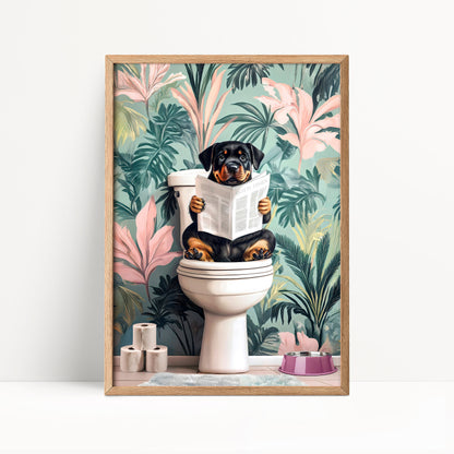 A dog sitting on a toilet and reading a newspaper, surrounded by a tropical wallpaper with pink and green leaves.
