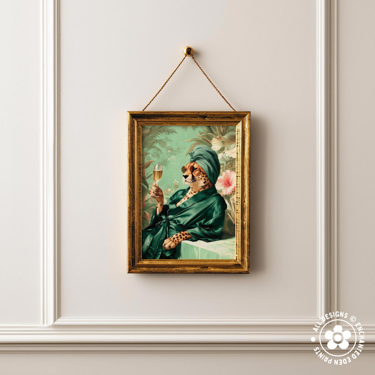 a framed painting of a person wearing a green robe and holding a glass of wine, set against a tropical background.