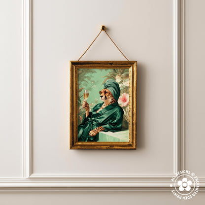 a framed painting of a person wearing a green robe and holding a glass of wine, set against a tropical background.