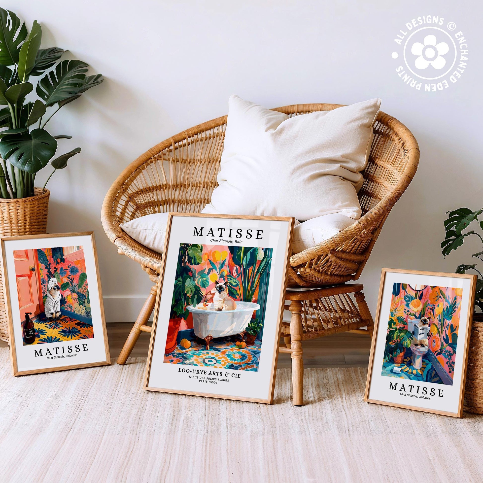 three framed prints of the famous painting "Matisse" by the artist Henri Matisse, displayed on a wicker chair and a wooden floor.
