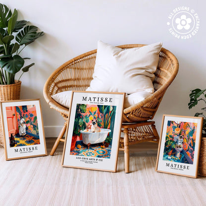 three framed prints of the famous painting "Matisse" by the artist Henri Matisse, displayed on a wicker chair and a wooden floor.