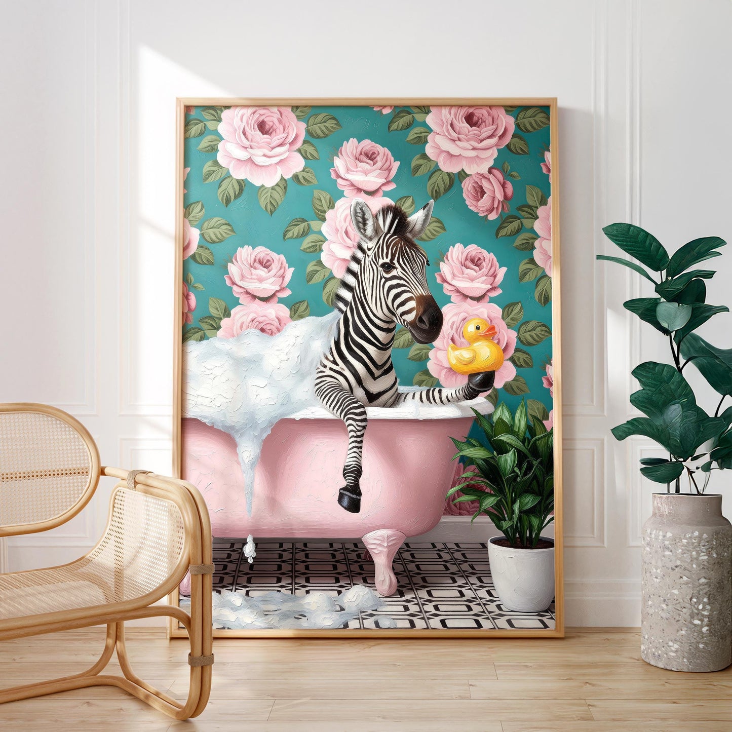 Funny Zebra in Bathtub Poster – Quirky Bathroom Wall Art