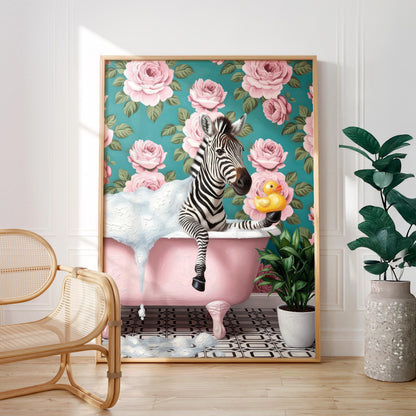 Funny Zebra in Bathtub Poster – Quirky Bathroom Wall Art