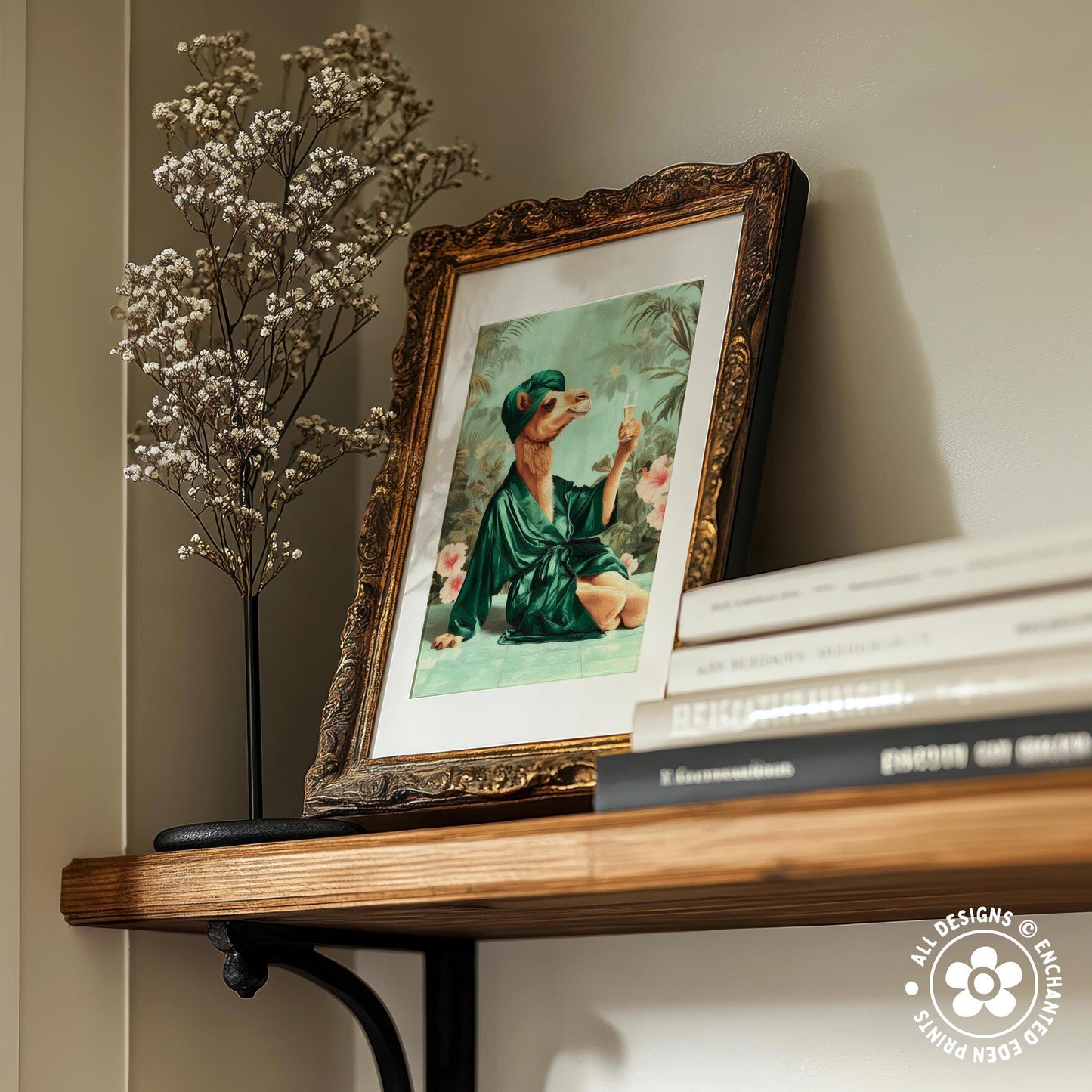 a wooden shelf with a framed painting of a person in a green robe, a vase of white flowers, and a stack of books.
