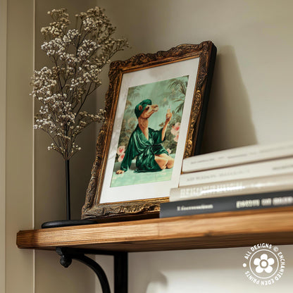 a wooden shelf with a framed painting of a person in a green robe, a vase of white flowers, and a stack of books.