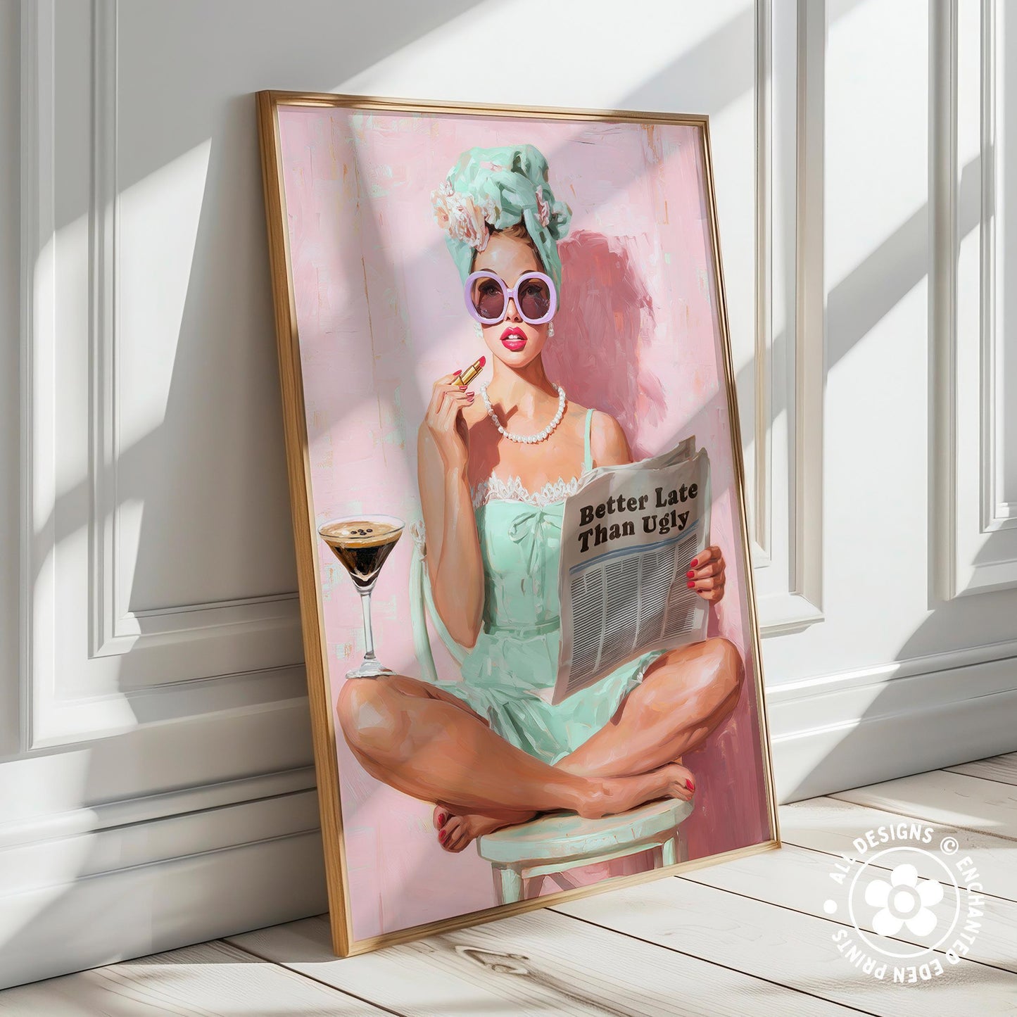 Retro Coquette Wall Art – 1950s “Better Late Than Ugly” Quote Print