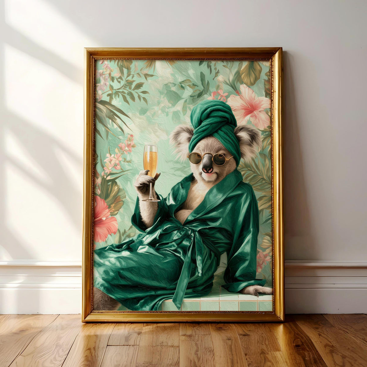 A koala wearing a green robe and holding a glass of champagne is displayed in a framed artwork on a wooden floor against a white wall.