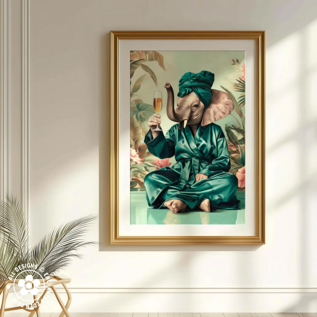 A framed painting depicting an elephant dressed in a green robe and holding a glass of champagne, sitting on a green surface surrounded by tropical foliage.
