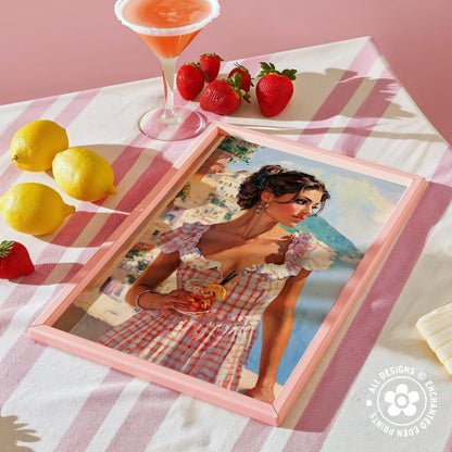 a framed painting of a woman in a red and white checkered dress, holding a drink, surrounded by a pink and white striped tablecloth, lemons, and strawberries.
