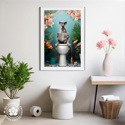 a humorous and whimsical scene of a cat sitting on a toilet and reading a newspaper, surrounded by a tropical garden setting with pink flowers and green plants.