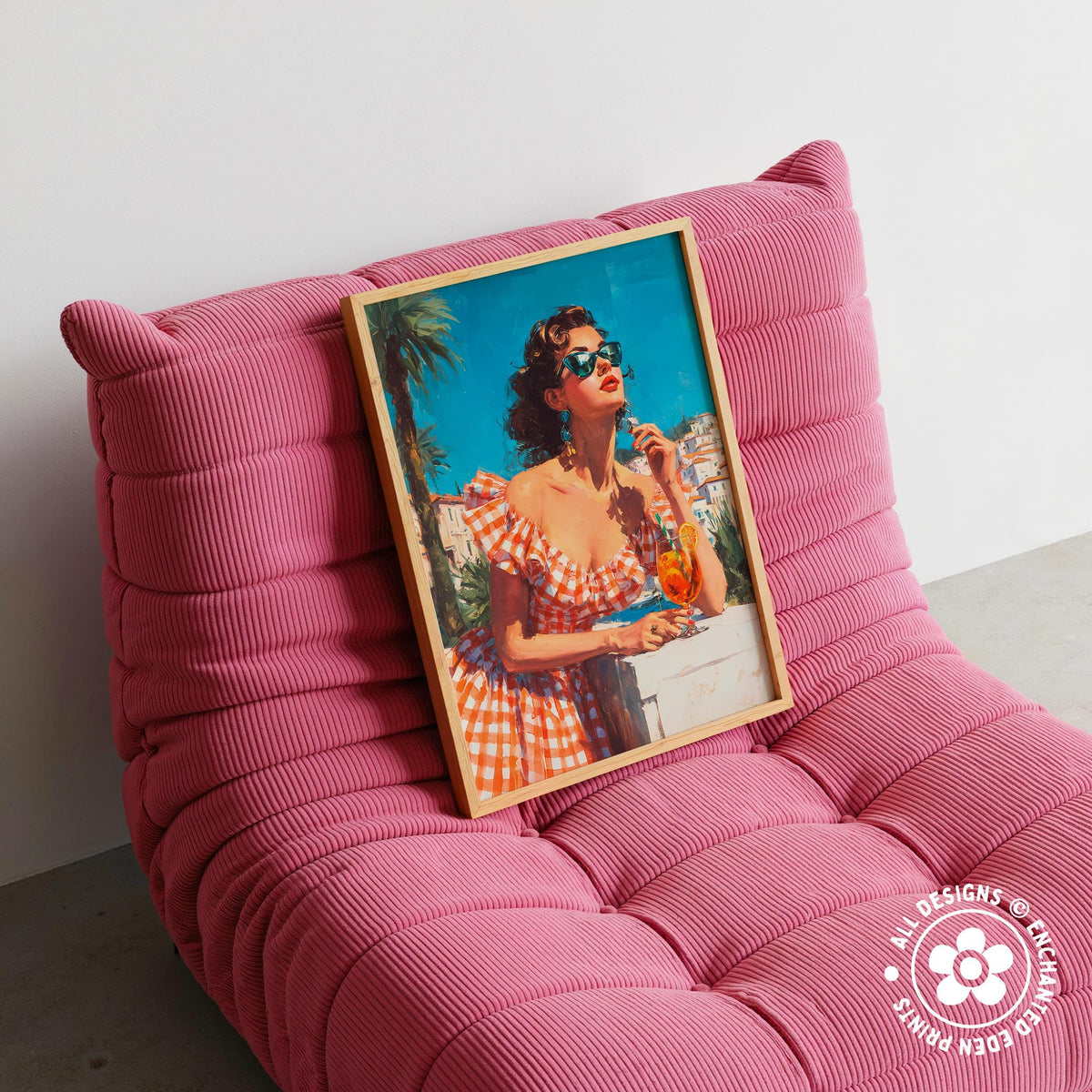 A framed painting of a woman in a red and white checkered dress, wearing sunglasses, is displayed on a pink textured chair.