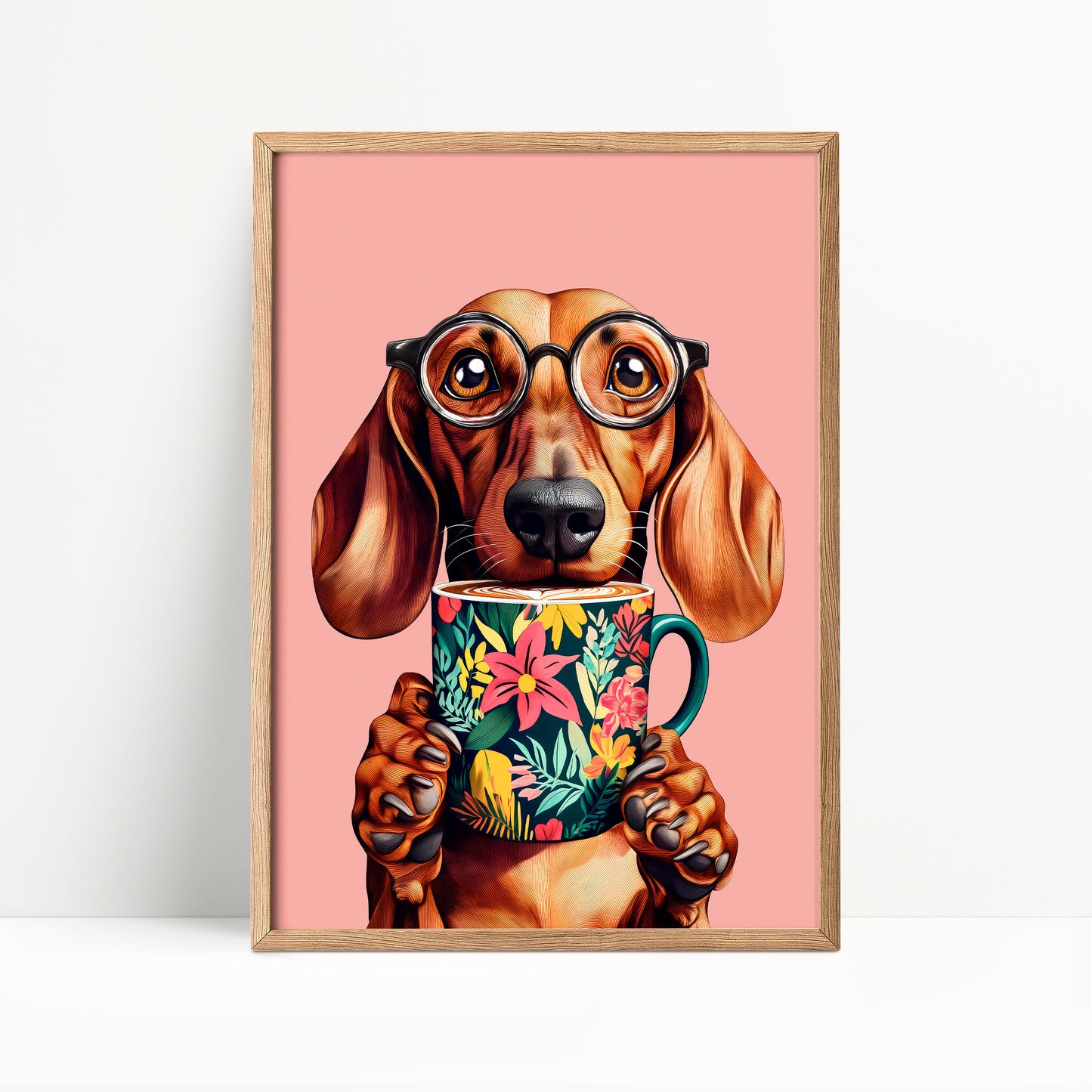 A dog wearing glasses and holding a colorful mug with flowers on it.