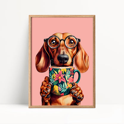 A dog wearing glasses and holding a colorful mug with flowers on it.