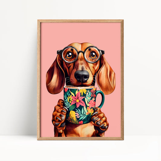 A dog wearing glasses and holding a colorful mug with flowers on it.