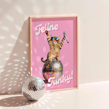 a picture of a cat on a pink background with a disco ball