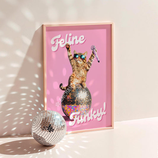 a picture of a cat on a pink background with a disco ball