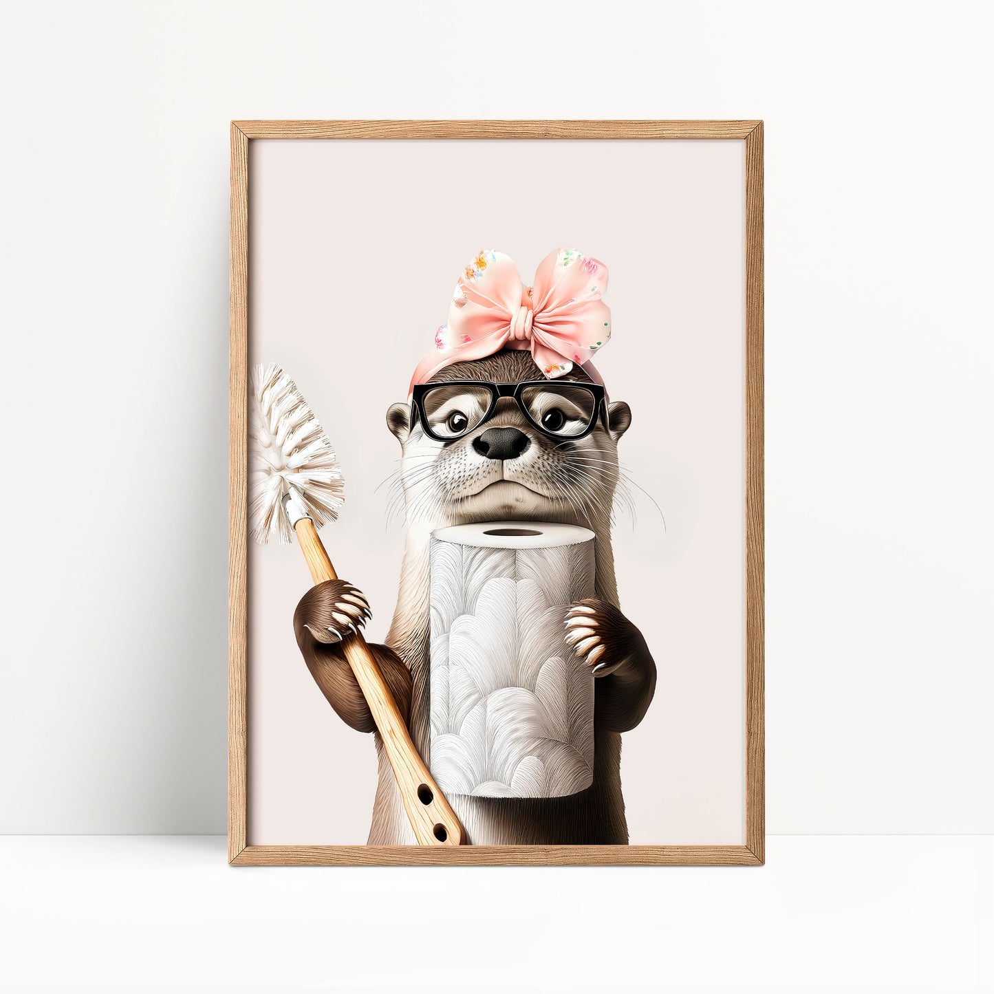 A cartoon image of an otter wearing glasses and a pink bow, holding a roll of toilet paper.