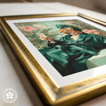 The image is a framed painting depicting a leopard wearing a green robe and holding a book, surrounded by flowers and foliage.