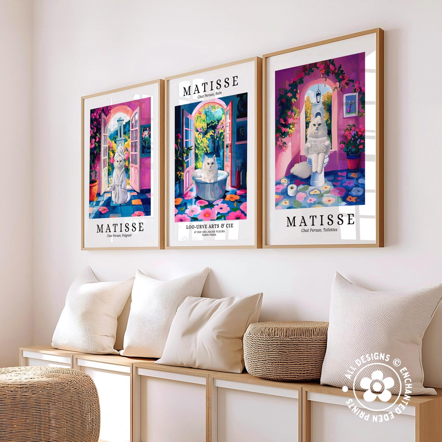 three framed artworks of the famous French artist Matisse, each depicting a different scene with a cat. The artworks are arranged on a wall, with a bench and a woven basket in the foreground.