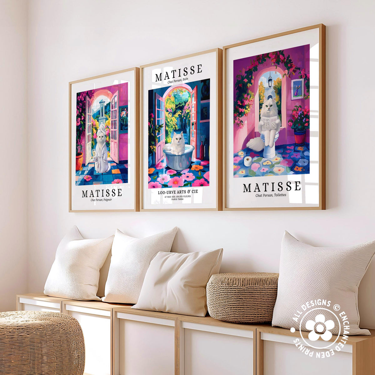three framed artworks of the famous French artist Matisse, each depicting a different scene with a cat. The artworks are arranged on a wall, with a bench and a woven basket in the foreground.