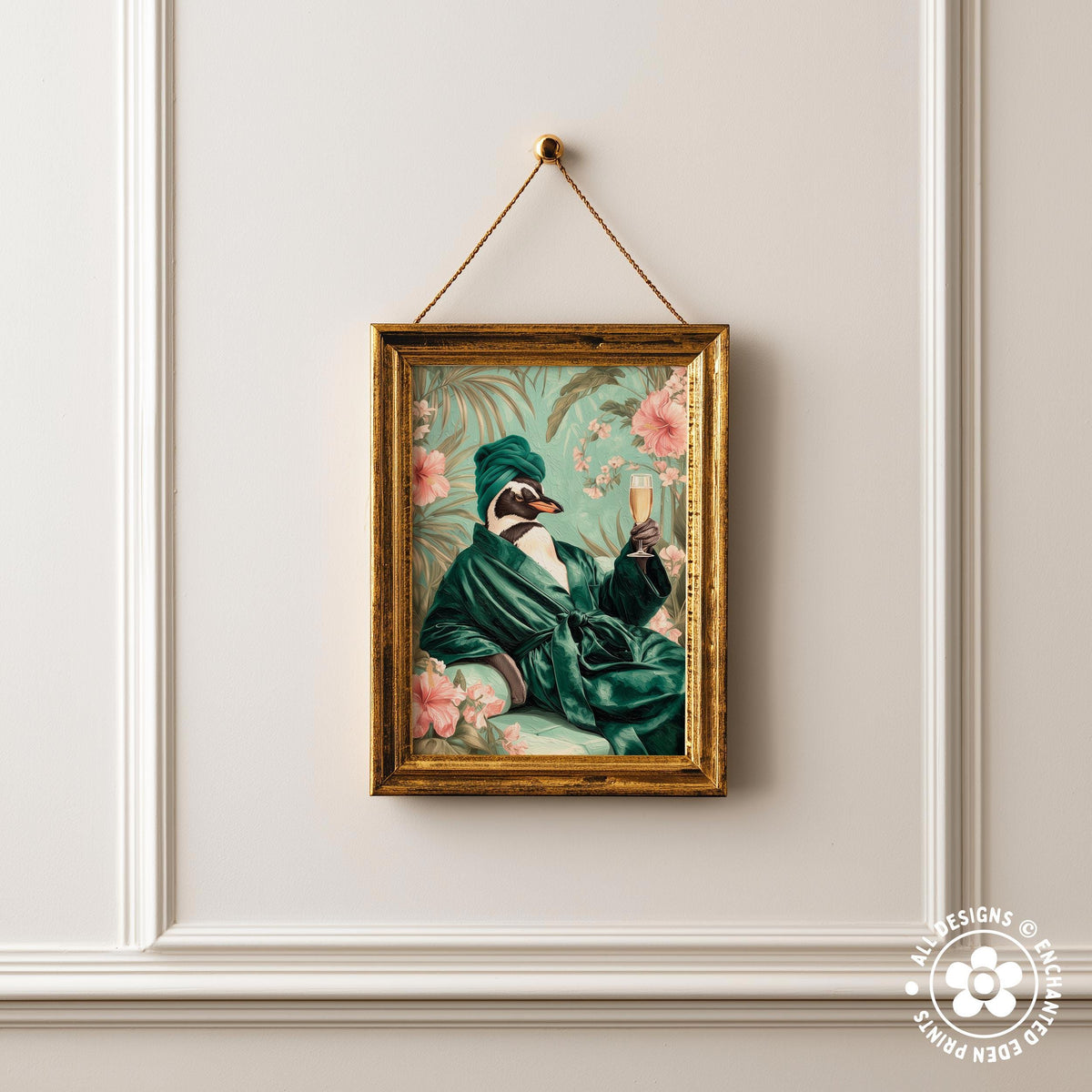 a framed painting of a penguin wearing a green robe and holding a glass of wine, set against a floral background.