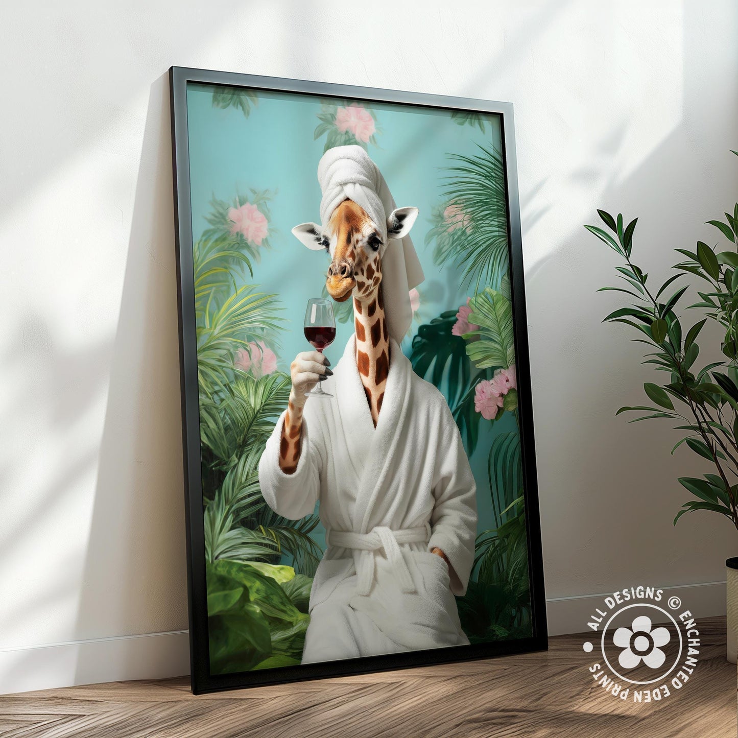 Funny Giraffe in Robe Poster – Tropical Bathroom Wall Art