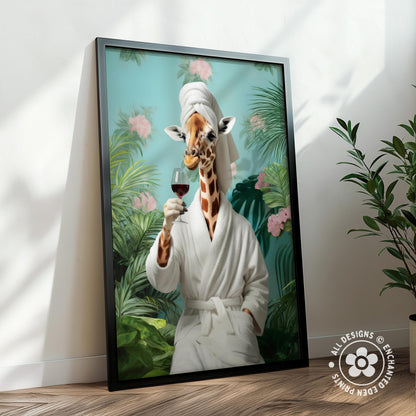 Funny Giraffe in Robe Poster – Tropical Bathroom Wall Art