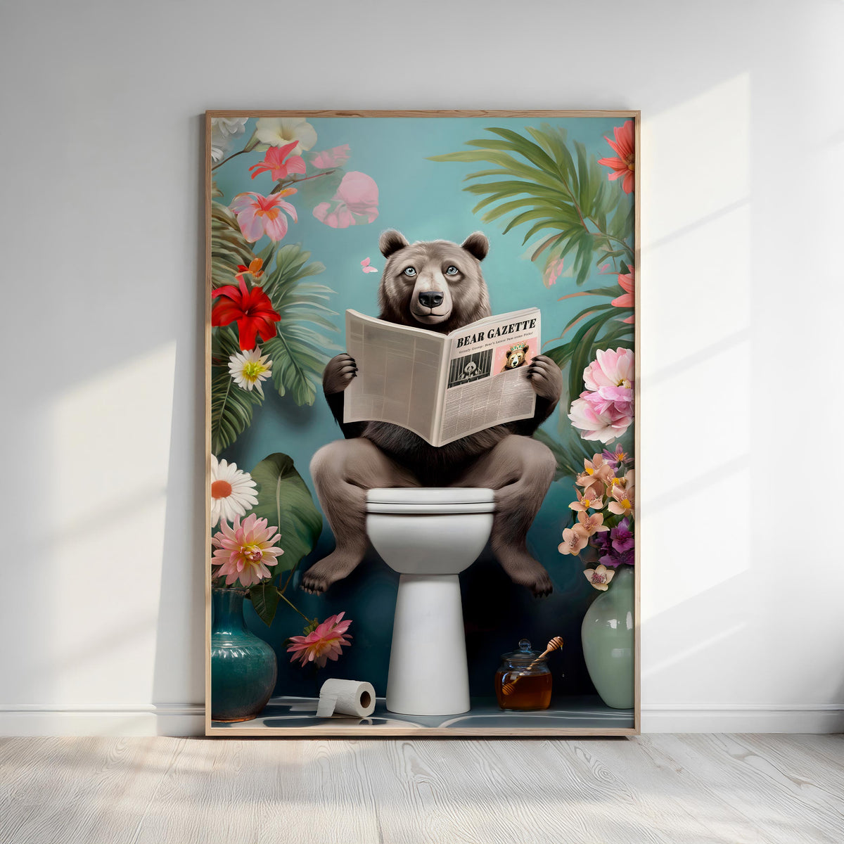 A bear sitting on a toilet and reading a newspaper, surrounded by flowers and plants.
