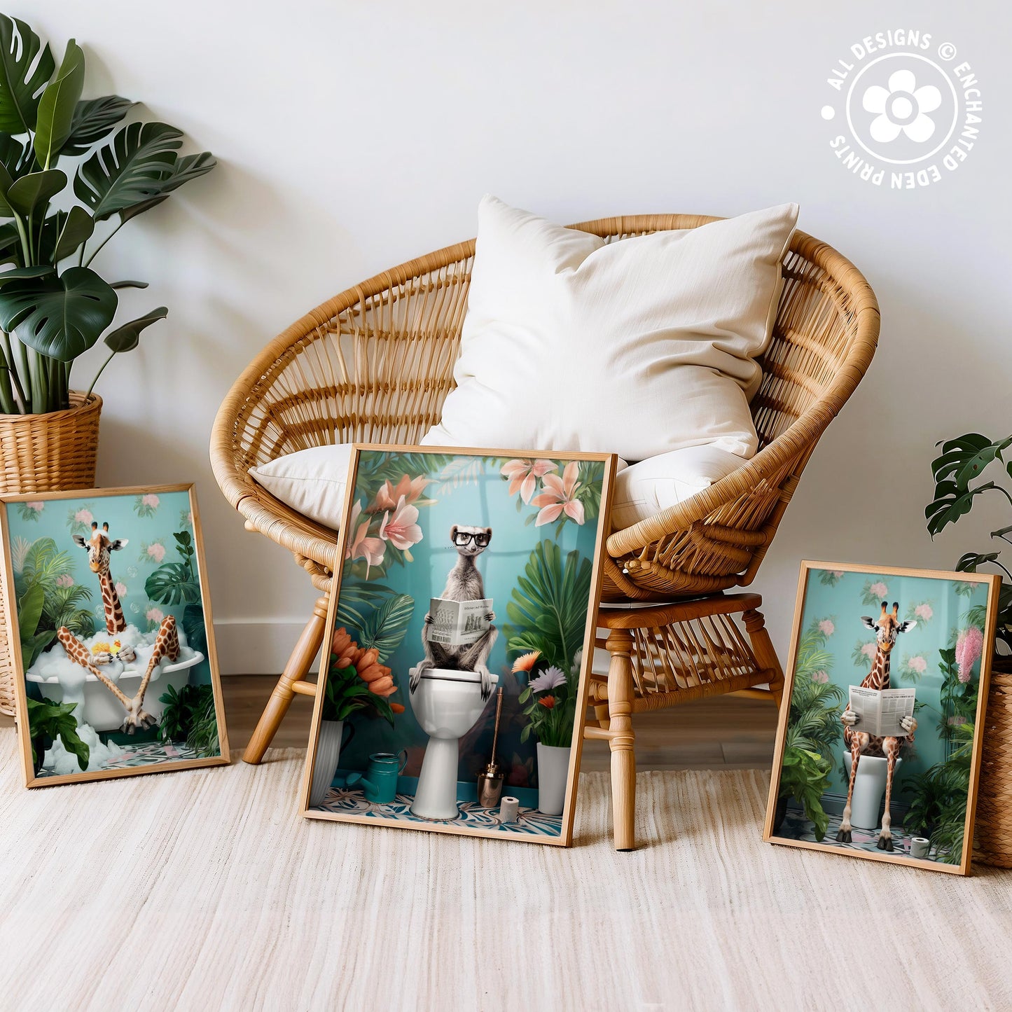 three framed pictures of giraffes in various settings, including a bathroom scene with a toilet and plants.