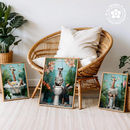 three framed pictures of giraffes in various settings, including a bathroom scene with a toilet and plants.