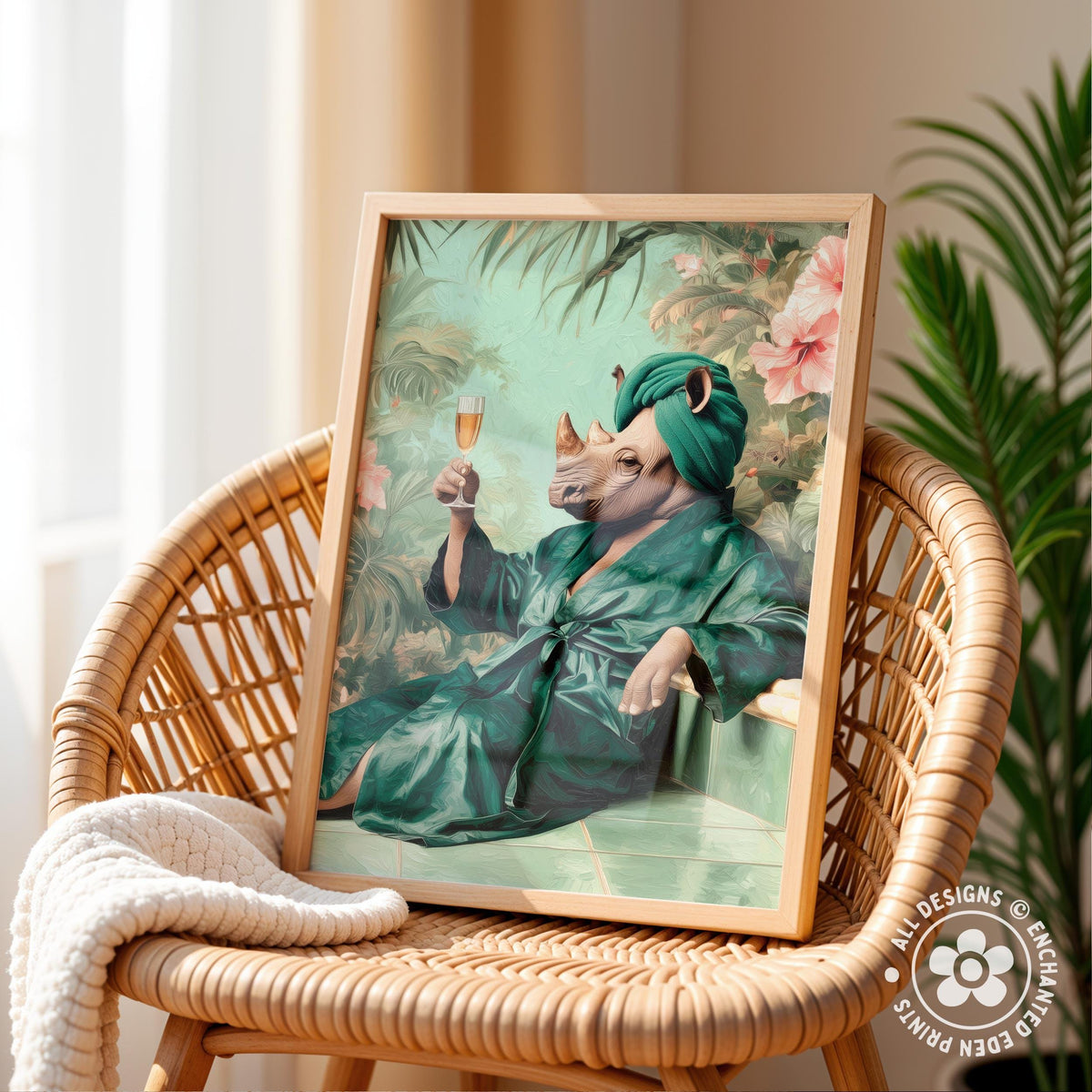 a rhinoceros wearing a green bathrobe and holding a glass of wine, sitting on a bench in a tropical setting.