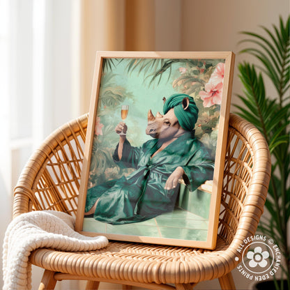 a rhinoceros wearing a green bathrobe and holding a glass of wine, sitting on a bench in a tropical setting.