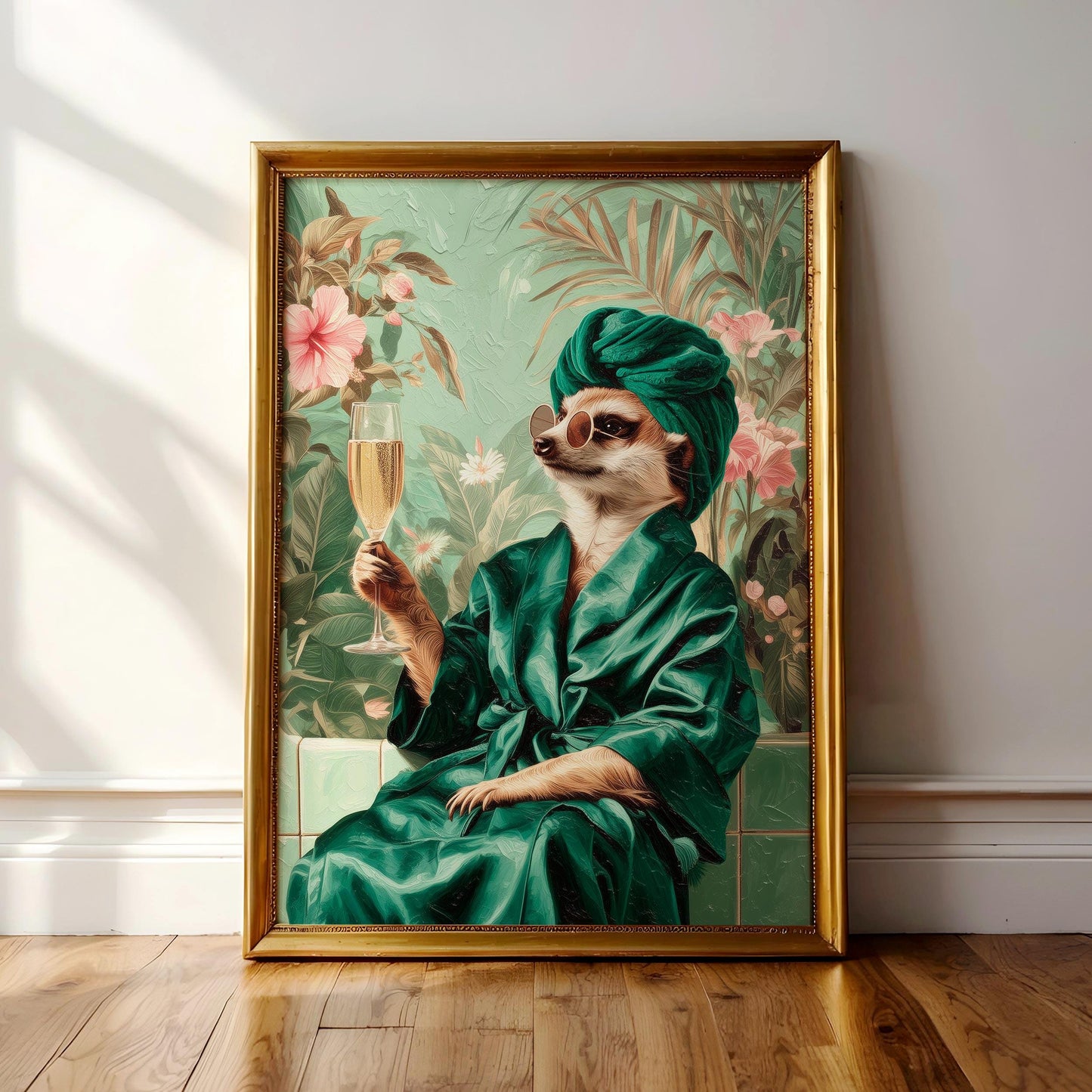 A framed painting depicting a meerkat dressed in a green robe and turban, holding a glass of champagne, with a tropical background.